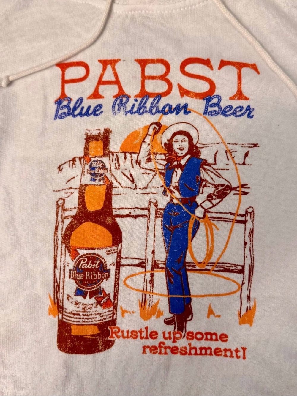 Pabst Blue Ribbon "Rustle Up Some Refreshment" Vintage Cowgirl Hooded Sweatshirt